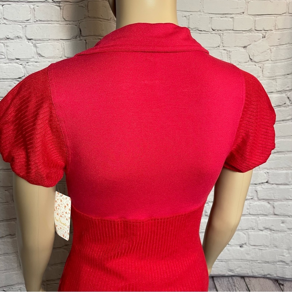 NWT New Free People Molly Red Ribbed Short Sleeve Surplice Top Size XS - Picture 15 of 15